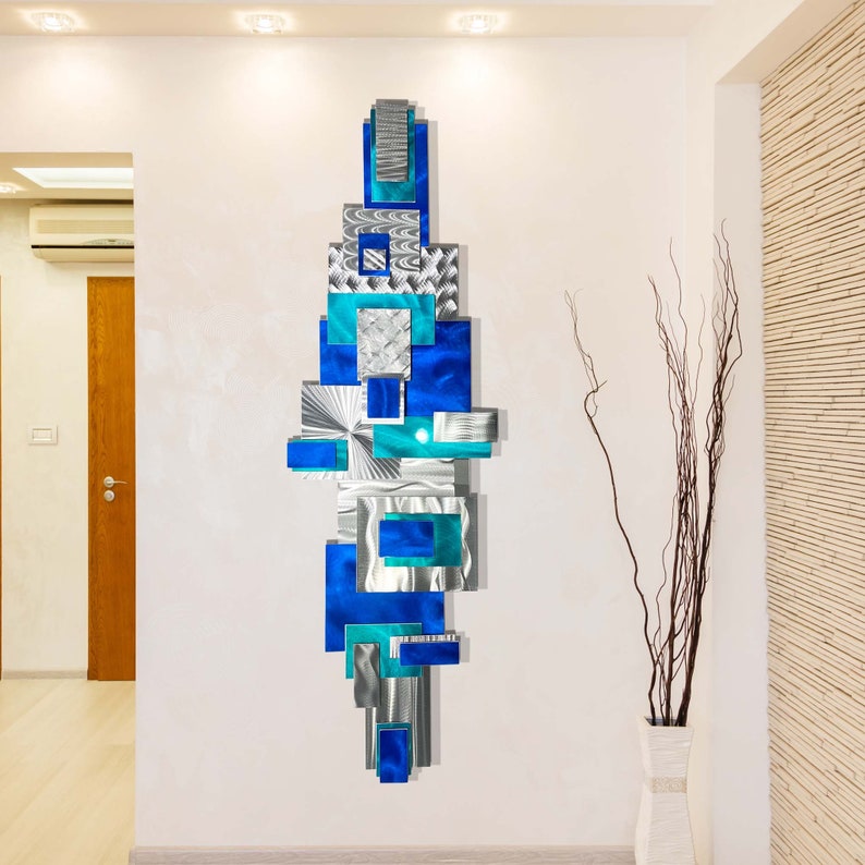 Blue & Silver Metal Wall Art Large Geometric Art Abstract 3D Etsy