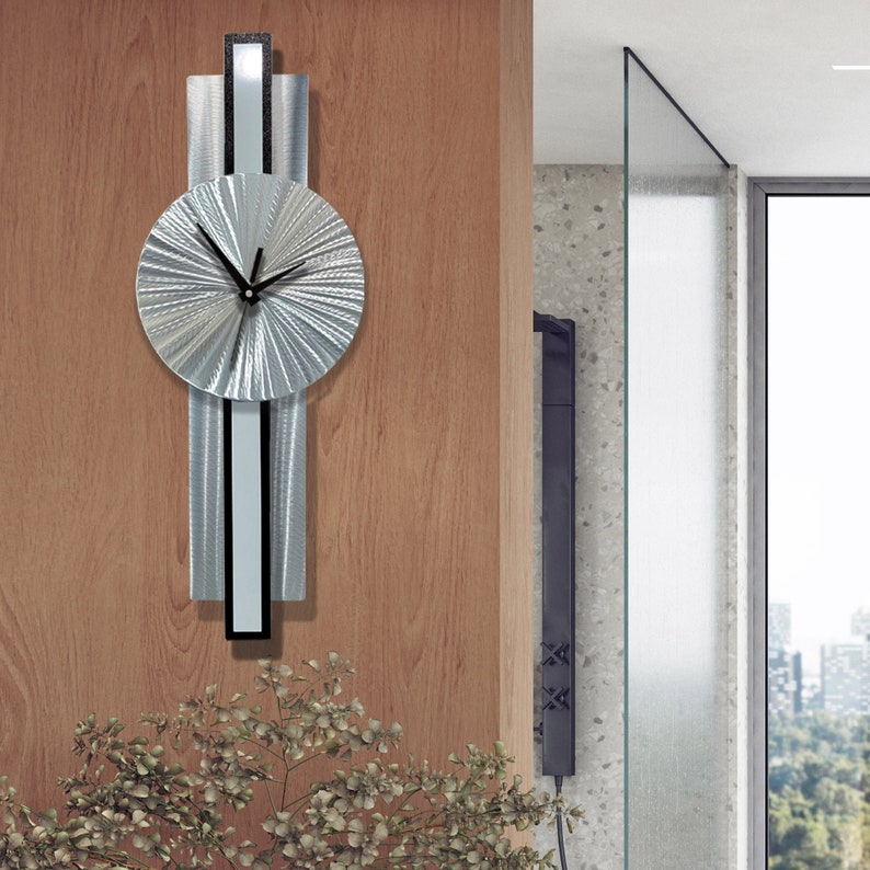 Metal Wall Clock, Silver & Grey Wall Clock, 31 x 9 Size Indoor Wall Hanging, Infinite Orbit Clock by Jon Allen image 3