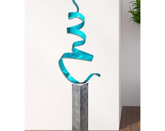 Abstract Metal Sculpture, Indoor Outdoor Art, Large Yard Sculpture Modern Metal Art - Aqua Twist 24 with Silver Base by Jon Allen