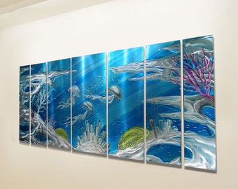 Tropical Underwater Painting - Blue Ocean, Jellyfish, Colorful Corals - Deep Blue Sea Metal Art by Jon Allen