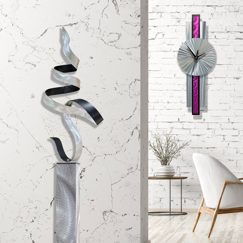 Metal Wall Hanging Clock, Silver & Berry Wall Clock, 31 x 9 Size Indoor Wall Hanging, Infinite Orbit Clock Art by Jon Allen image 2