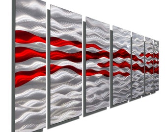 Red & Silver Metal Wall Art, Multi Panel Wall Art, Abstract Painting, Large Artwork, Wall Hanging Home Office Decor - Caliente by Jon Allen