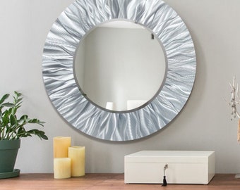 Modern Mirror for Wall, Silver Wave Mirror Wall Decor, 21" x 21" x 2" Size Indoor Wall Hanging, Contemporary Art by Jon Allen