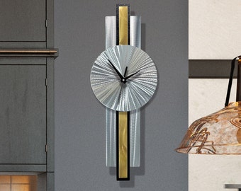 Metal Wall Clock, Silver and Gold Wall Clock, 31" x 9" Size Indoor Wall Hanging, Infinite Orbit Clock Art by Jon Allen