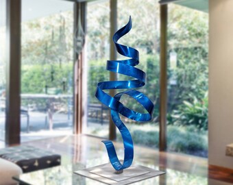 Abstract Centerpiece Art, Blue Perfect Moment Flat Base, 36" x 17" x 14" Size Outdoor Centerpiece Decor, Contemporary Art by Jon Allen