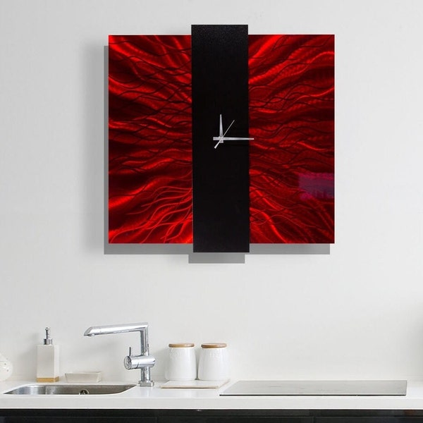 Red & Black Metal Wall Clock - Abstract Functional Art - Modern Metal Art - Hanging Timepiece - Lavish Mechanism by Jon Allen