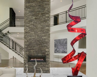 Large Metal Sculpture, Abstract Indoor Outdoor Art, Modern Garden Statue Office Decor Yard Art - Red Twist by Jon Allen
