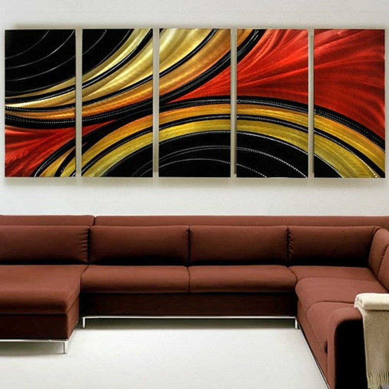 Large Gold Red Black Abstract Metal Painting Multi Panel Image 0
