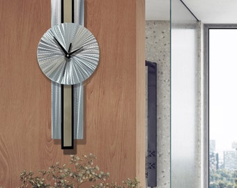 Metal Clock Wall Decor, Silver & Beige Wall Clock, 31" x 9" Size Indoor Wall Hanging, Infinite Orbit Clock by Jon Allen