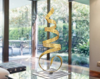 Abstract Metal Sculpture, Indoor Outdoor Art, Modern Centerpiece Gold Sculpture Statue 36" Tall - Gold Sea Breeze Flat Base by Jon Allen