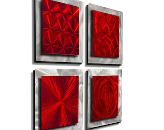 Red & Silver Metal Wall Art, Multi Panel Wall Art, Abstract Painting, Large Artwork, Wall Hanging Holiday Decor- 4 Squares Red by Jon Allen