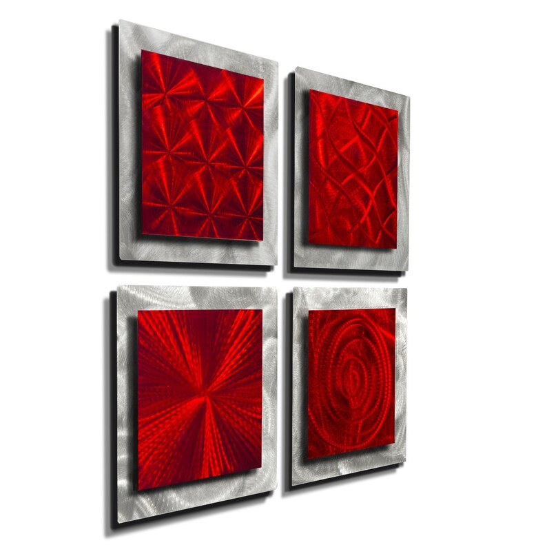 Red Silver Modern Metal Wall Art Contemporary Accent Abstract Decor Gifts For Him Presents Her 4 Squares By Jon Allen