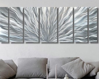 Silver Plumage Metal Wall Art, Abstract Sculpture by Jon Allen, 68x24
