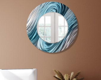 Wave Round Mirror for Wall, Light Blue Wall Mirror, 21" Size Indoor Metal Mirror for Wall Hanging, Contemporary Art by Jon Allen
