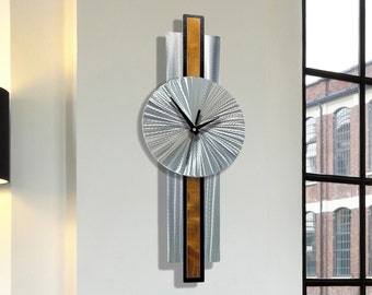 Modern Wall Clock, Silver and Copper Wall Clock, 31" x 9" Size Indoor Wall Hanging, Infinite Orbit Clock Art by Jon Allen