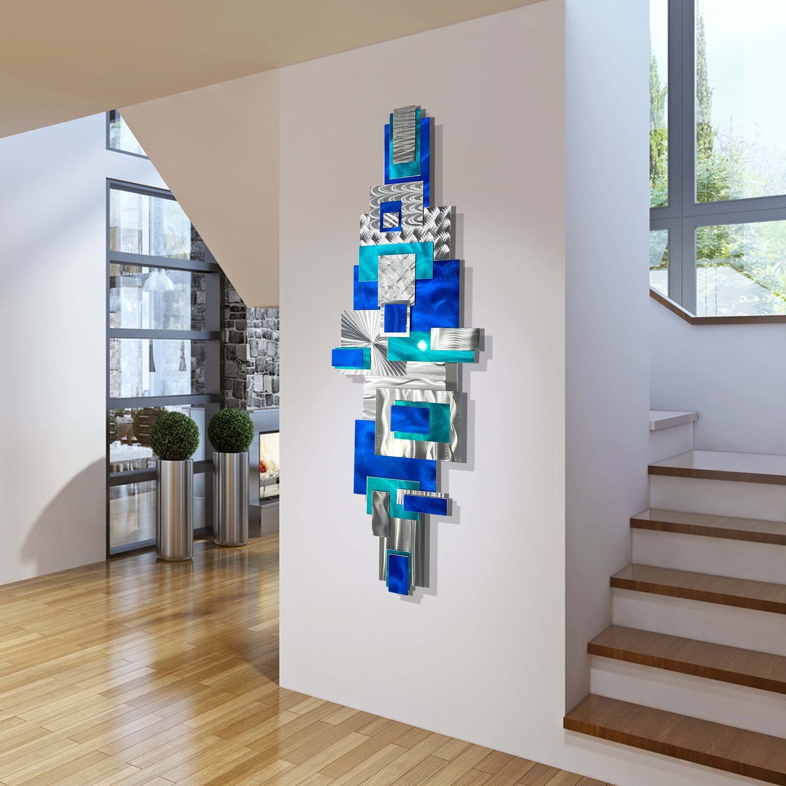 Blue & Silver Metal Wall Art Large Geometric Art Abstract 3D Etsy