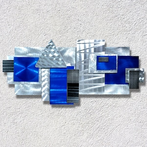 Modern Metal Wall Art, Large Artwork, Geometric Art, Abstract 3D Wall Sculpture, Wall Hanging Office Decor- Blue Focal Point by Jon Allen