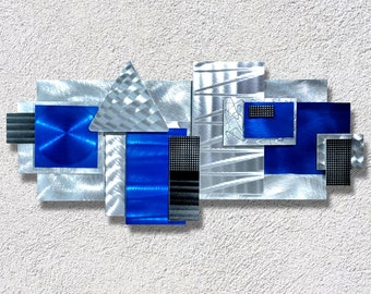 Modern Metal Wall Art, Large Artwork, Geometric Art, Abstract 3D Wall Sculpture, Wall Hanging Office Decor- Blue Focal Point by Jon Allen