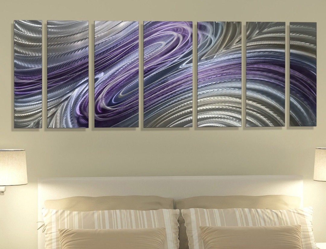 Silver & Purple Metal Wall Art, Multi Panel Wall Art, Abstract Painting