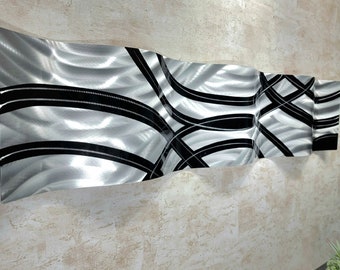 Silver and Black Metal Wall Art,  Modern Abstract 3D Wall Sculpture Wall Hanging 46" x 10" - Crossroads Wave by Jon Allen