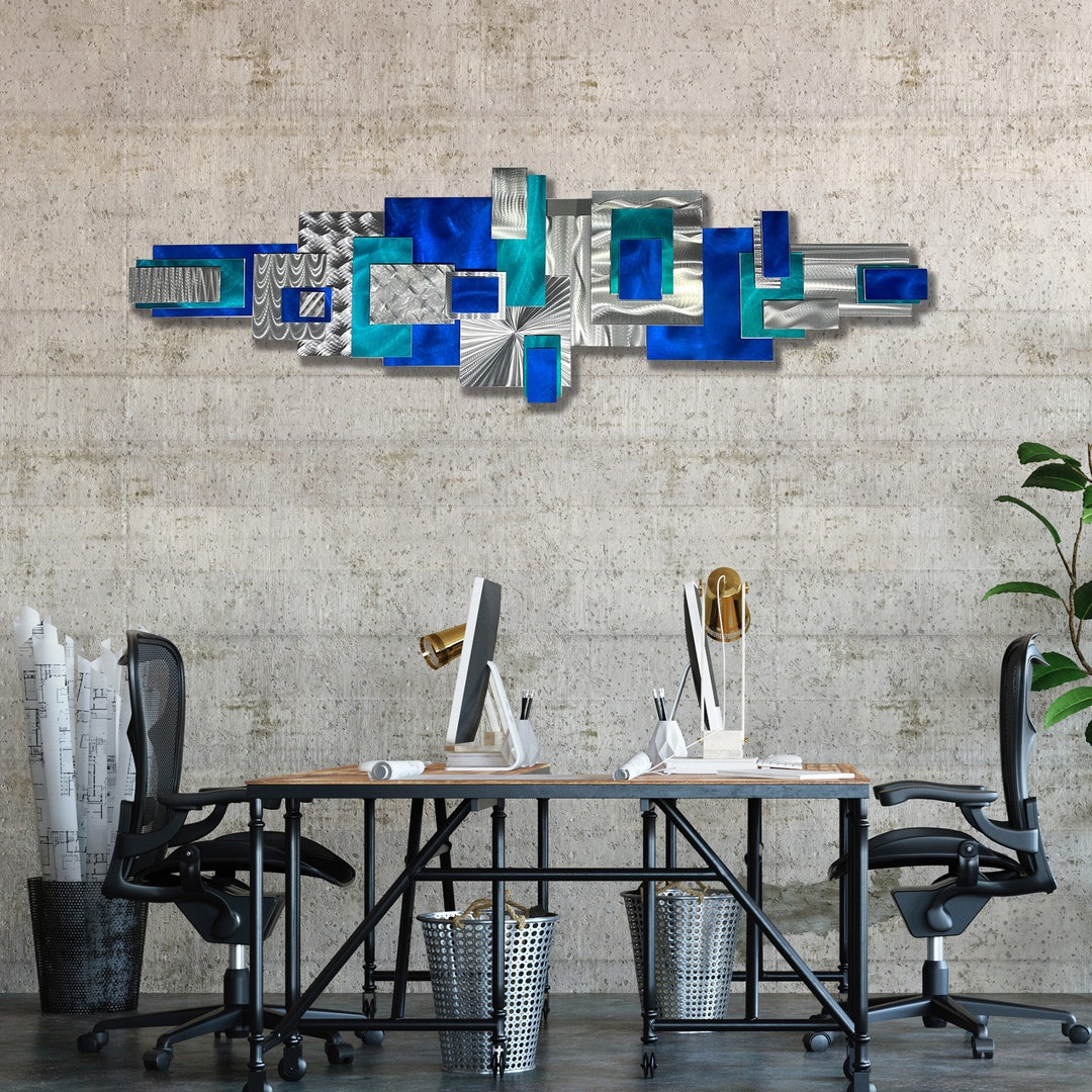 Blue & Silver Metal Wall Art, Large Geometric Art, Abstract 3D Wall