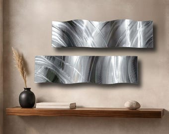 Hand-Textured Aluminum Wave Wall Art Set – Silver Drift Metal Decor (6"x24")