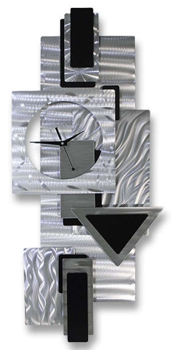 Metal Wall Clock Functional Art Silver & Black Modern Metal Art