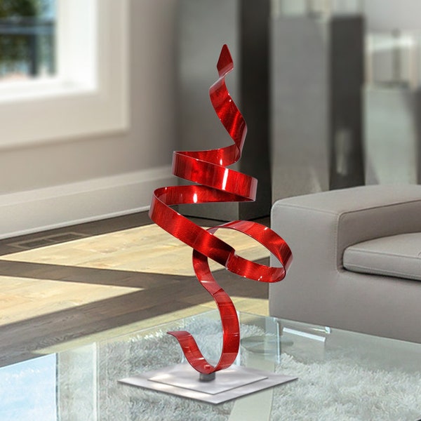 Modern Centerpiece, Metal Sculpture, Indoor Outdoor Art, Coffee Table Decor, Small Statue 18" - Red Perfect Moment Accent by Jon Allen