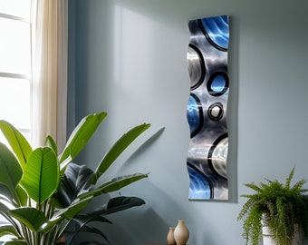 Wall Sculpture, 3D Metal Wall Art,  Abstract Art, Contemporary Art Decor 46" x 10" - Rains of Blue Wave by Jon Allen