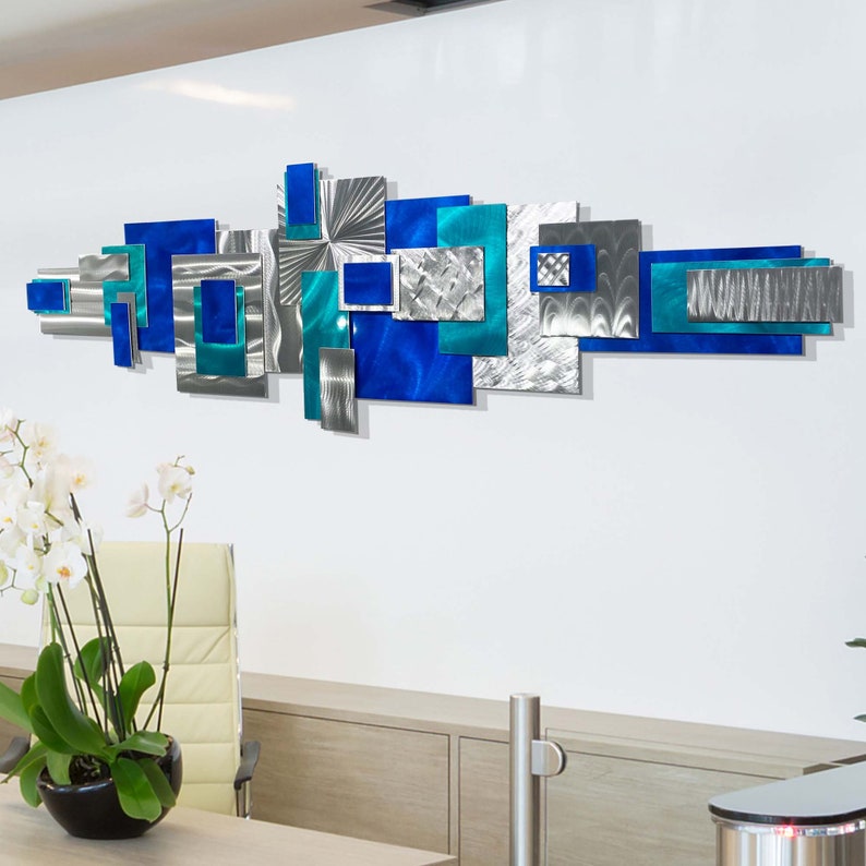 Blue & Silver Metal Wall Art Large Geometric Art Abstract 3D Etsy