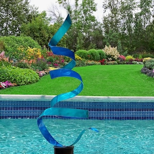 2-Toned Blue Modern Metal Sculpture, Indoor Outdoor Art, Abstract Garden Decor - 2 Size Options - Bliss Twist by Jon Allen