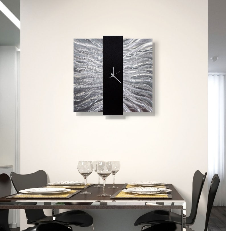 Silver & Black Modern Metal Wall Clock Contemporary Functional Etsy