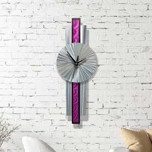 Metal Wall Hanging Clock, Silver & Berry Wall Clock, 31 x 9 Size Indoor Wall Hanging, Infinite Orbit Clock Art by Jon Allen image 1