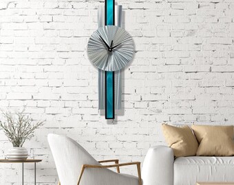 Modern Wall Clock, Silver and Aqua Metal Wall Clock, 31" x 9" Size Indoor Wall Hanging, Infinite Orbit Clock by Jon Allen