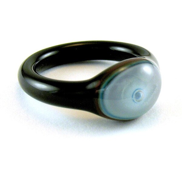 Size 8 - Pale Blue On Glossy Black  Lampwork Glass Ring