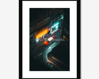 Fotografía nocturna Cyberpunk de taxi de Hong Kong (opciones enmarcadas) / Impresión de viajes, Arte de viajes, Decoración de viajes, Impresión fotográfica