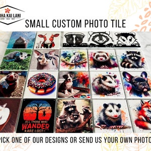 Puede incluir: Una colección de pequeñas baldosas de fotos personalizadas con varios diseños de animales, incluyendo un mapache, un zorro, una dona, un gato, un perro y una zarigüeya. Las baldosas son blancas con un acabado brillante y son perfectas para agregar un toque personal a cualquier espacio.
