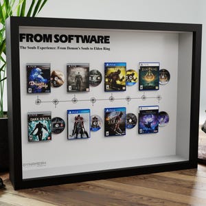 Cadre 3D Chronologie FromSoftware – Saga complète en miniatures de jeux vidéo – Décoration murale gaming & cadeau geek
