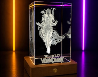 3D Light-Up Laser-Engraved Crystal – Sylvanas World of Warcraft – LED Lamp with Wooden Base – Gamer Gift & Geek Decoration