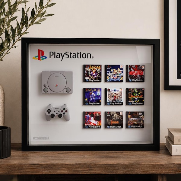 Custom 3D Frame – Mini PS1 with Controller & Games of Your Choice – Gaming Wall Decor, Retro Geek Gift