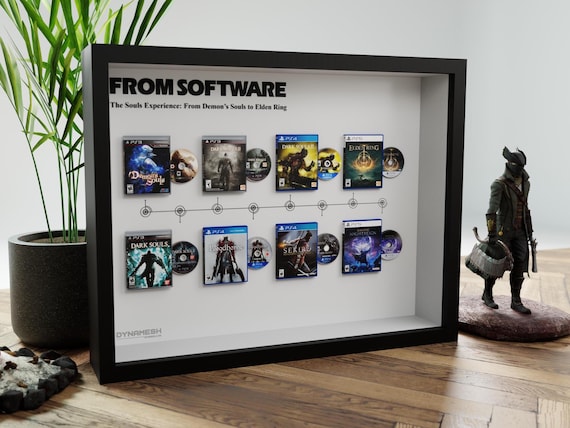 Cadre 3D Chronologie FromSoftware – Saga complète en miniatures de jeux vidéo – Décoration murale gaming & cadeau geek