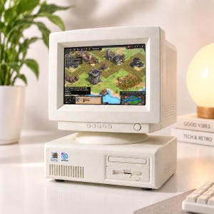 May include: A beige vintage desktop computer with a CRT monitor displaying a strategy game. The base unit features a floppy disk drive, a CD-ROM drive, and Intel Pentium and Windows 98 stickers. The monitor has five circular control buttons.