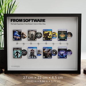 May include: Framed artwork featuring video game covers and discs from the "Souls Experience" series, including "Demon's Souls" and "Elden Ring." The black frame measures 10.63 x 8.66 x 1.77 inches. The text "FROM SOFTWARE" is at the top.