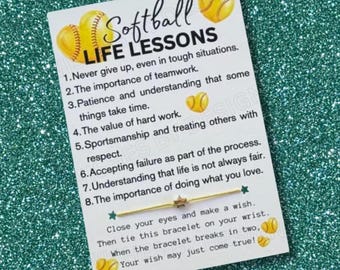 Tarjeta de LECCIONES DE VIDA de Softbol, Pulsera de los deseos, Regalos de Softbol, Regalo de fin de temporada para el equipo de Softbol, Regalo para el jugador de Softbol, Recuerdo de fiesta del equipo de Softbol