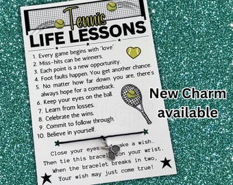 May include: A white card with black text titled Tennis LIFE LESSONS, featuring ten numbered points, illustrations of tennis balls and a racket, and a black string bracelet with a silver-toned tennis racket charm attached to the center.
