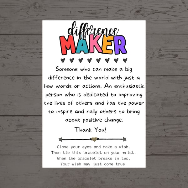 Difference Maker Card, Wish Bracelet, Gift for Volunteers, Appreciation | Thank You Gifts, Volunteer Gifts, Difference Maker, Definition