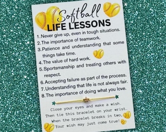 Softball LIFE LESSONS Card, Wish Bracelet, Softball Gifts, End Of Season Softball Team Gift, Softball Player Gift, Softball Team Party Favor