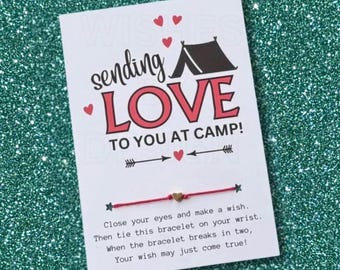 Carte Envoyer de l'amour au camp avec bracelet de souhaits, cadeau de colonie de vacances, cadeau d'école en plein air, cadeau pour les enfants au camp, cadeau de fête, fille/garçon