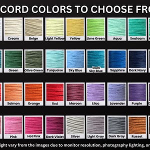 May include: Image showcasing 36 cord colors, each displayed in a small, labeled square. Colors range from white, cream, and beige to vibrant hues like lime green, teal, and coral. The text at the top reads "36 CORD COLORS TO CHOOSE FROM."