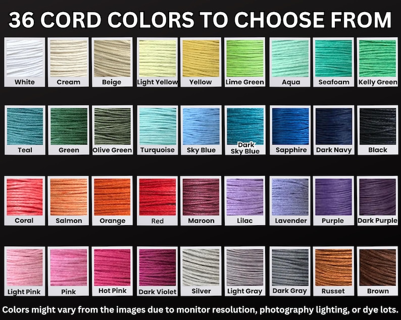 May include: Image showcasing 36 cord colors, each displayed in a small, labeled square. Colors range from white, cream, and beige to vibrant hues like lime green, teal, and coral. The text at the top reads "36 CORD COLORS TO CHOOSE FROM."